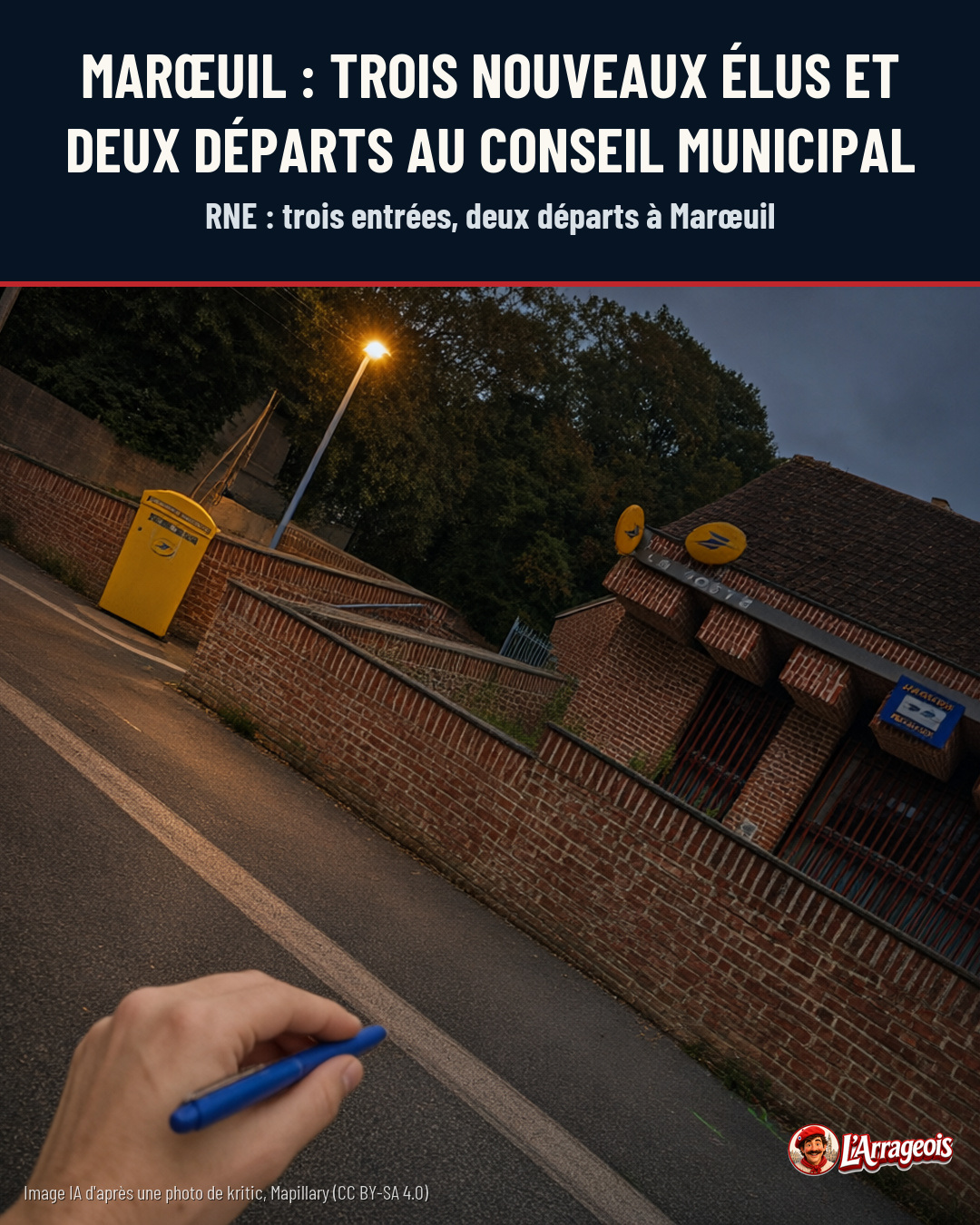Une main tient un stylo bleu au premier plan devant une route, une maison en briques et un mur, avec un logo postal.