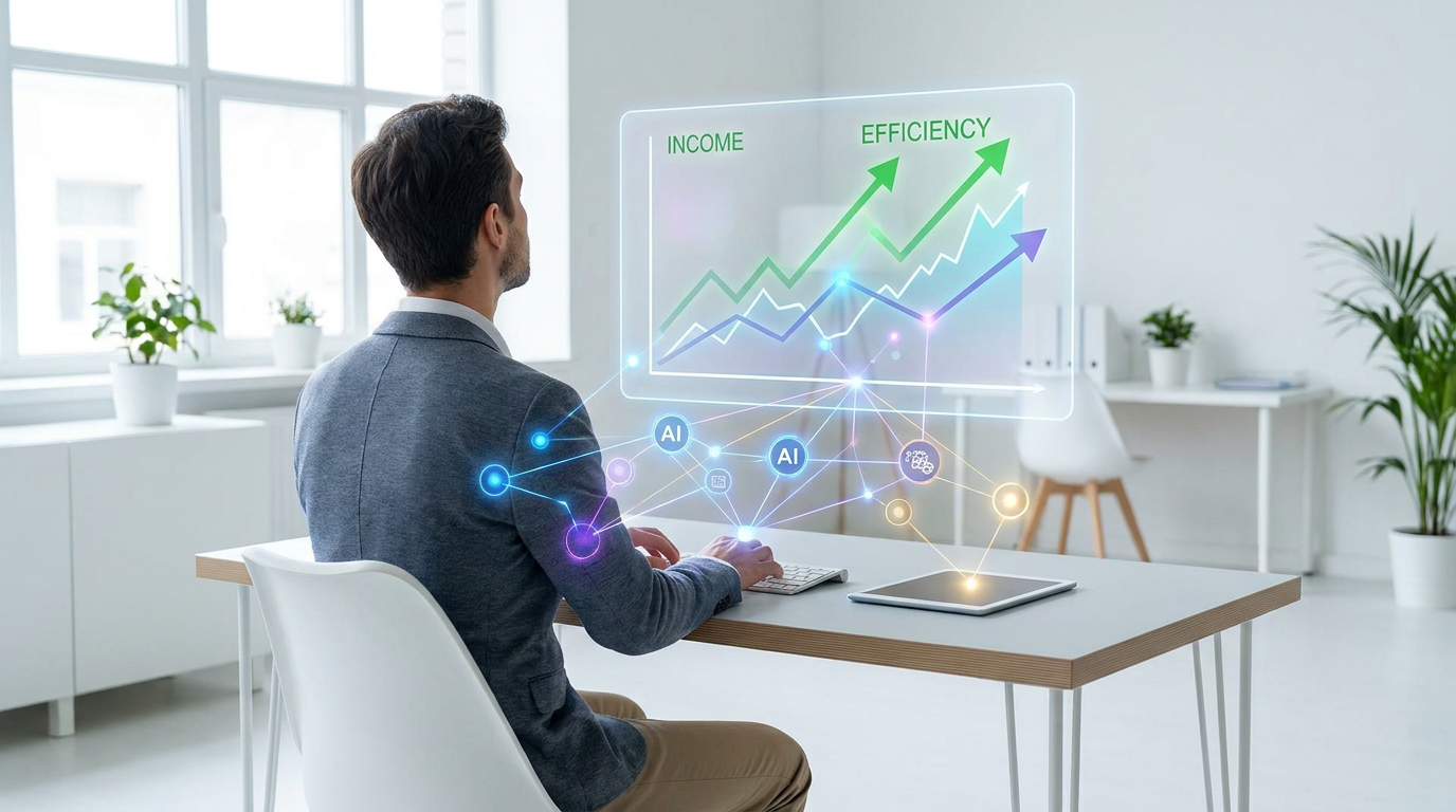Freelancer analyzing AI impact on income and efficiency, AI tools for freelancers