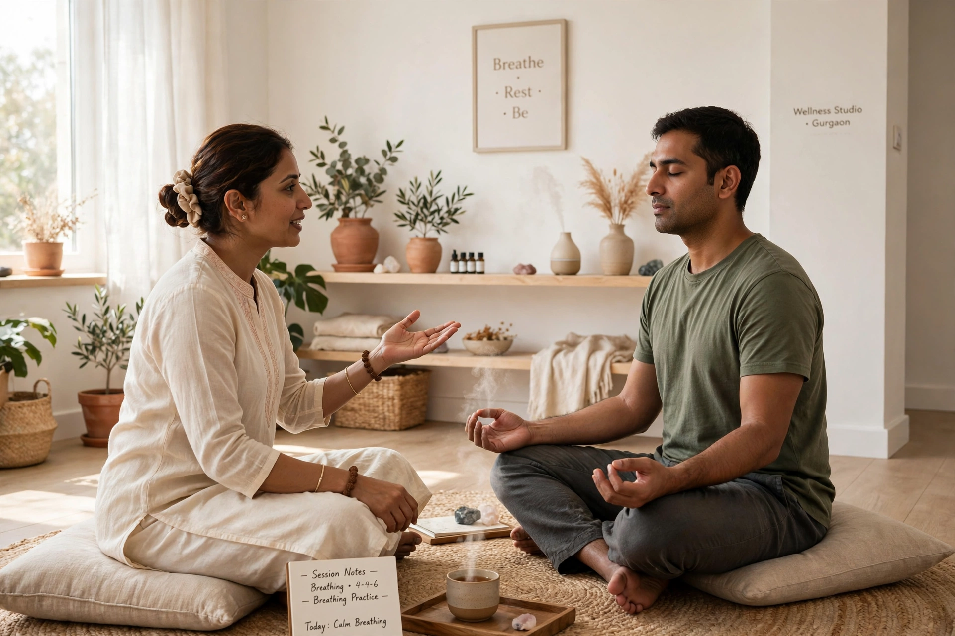 Wellness coach in Gurgaon guiding a calm breathing and meditation practice in soft daylight