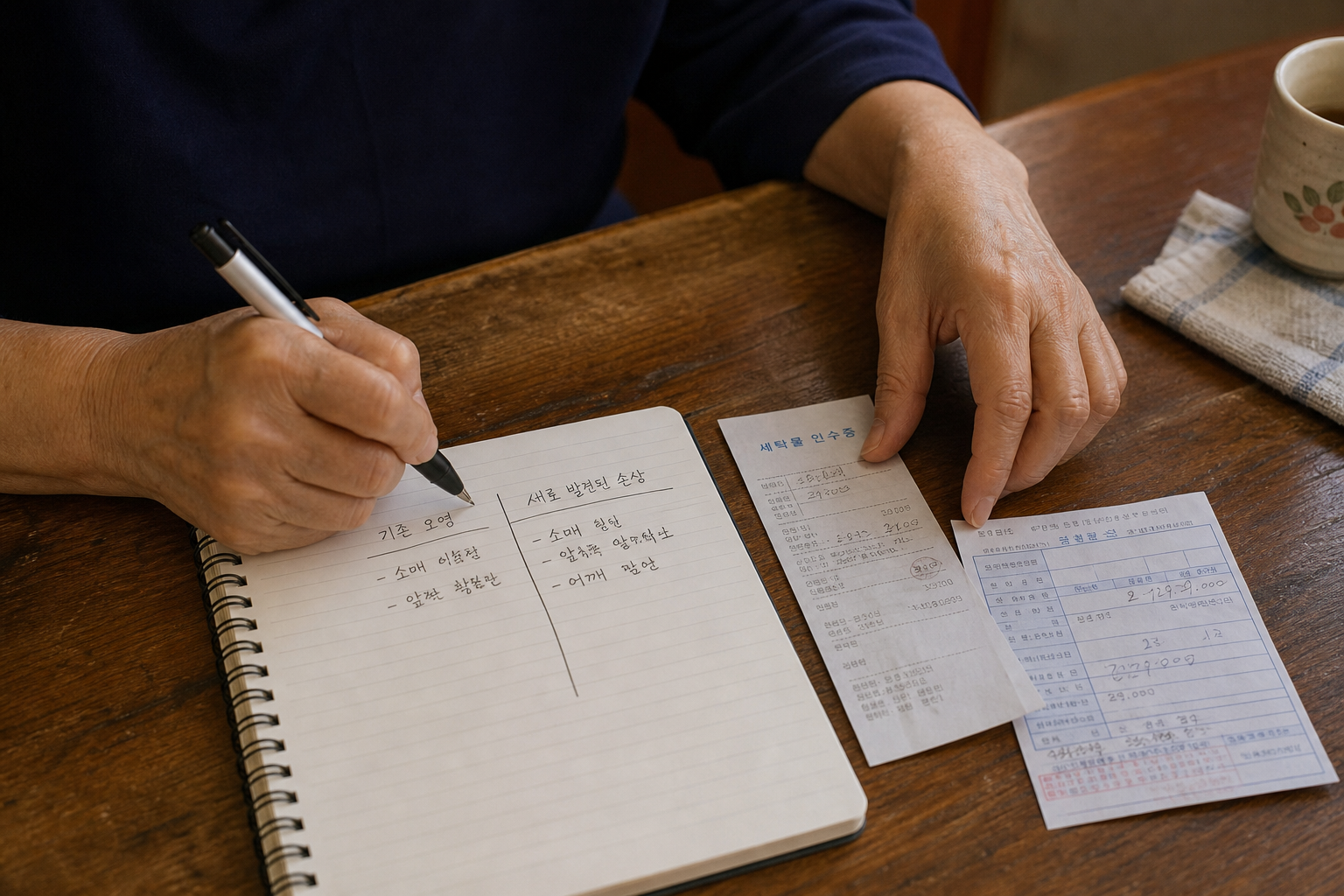 기존 얼룩과 새 손상을 나눠 세탁소 요구사항을 작성하는 장면