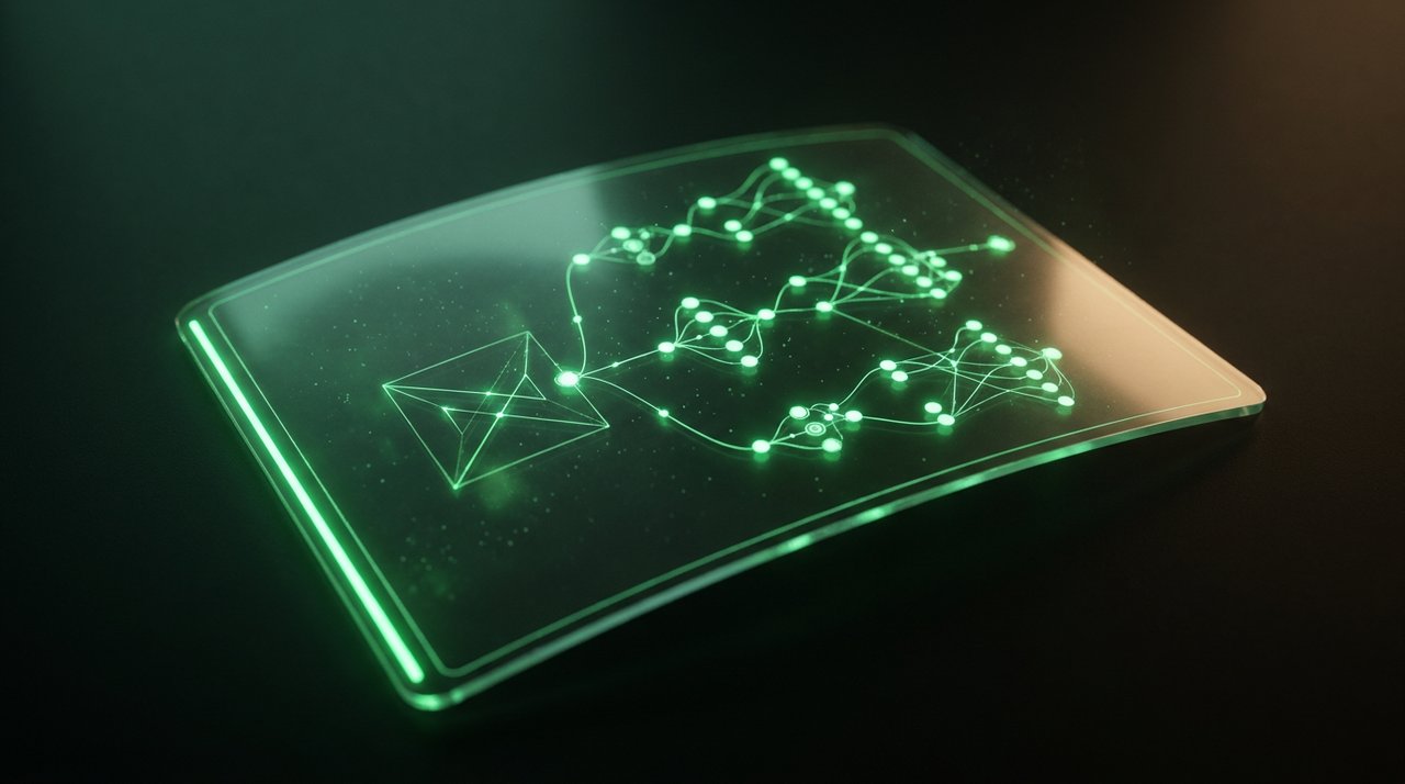 Glowing green AI tutor interface breaking a complex topic into connected nodes