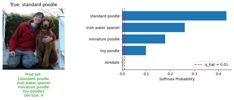 An example prediction set construction for Split ICP. The prediction on the left (correct in green, incorrect in red) and how the prediction set was constructed on the right (included in the set in dark blue, excluded from the set in light blue).