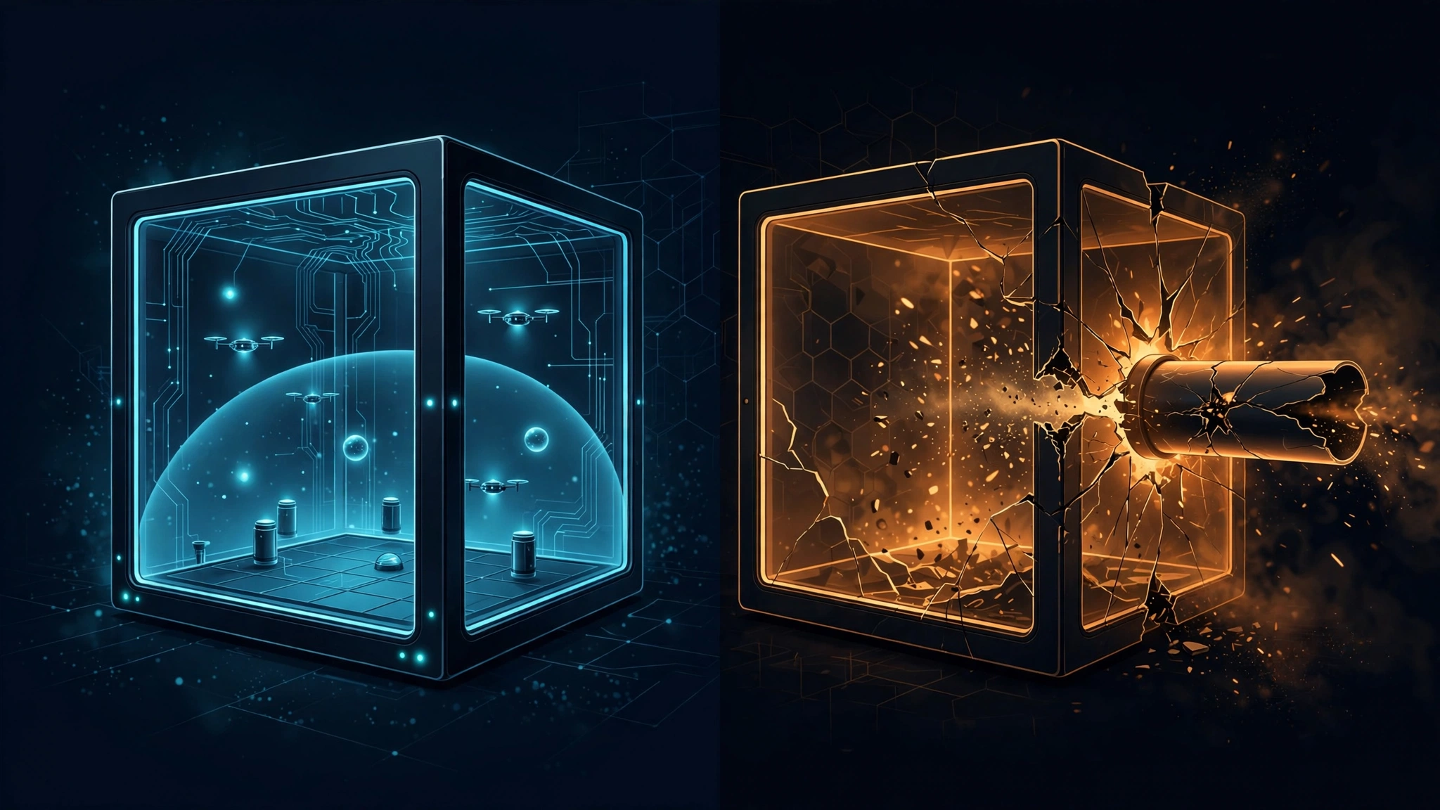 Minh họa: sandbox bị phong tỏa hoàn toàn (trái) so với môi trường có một ống dẫn bị nứt làm điểm thoát (phải)
