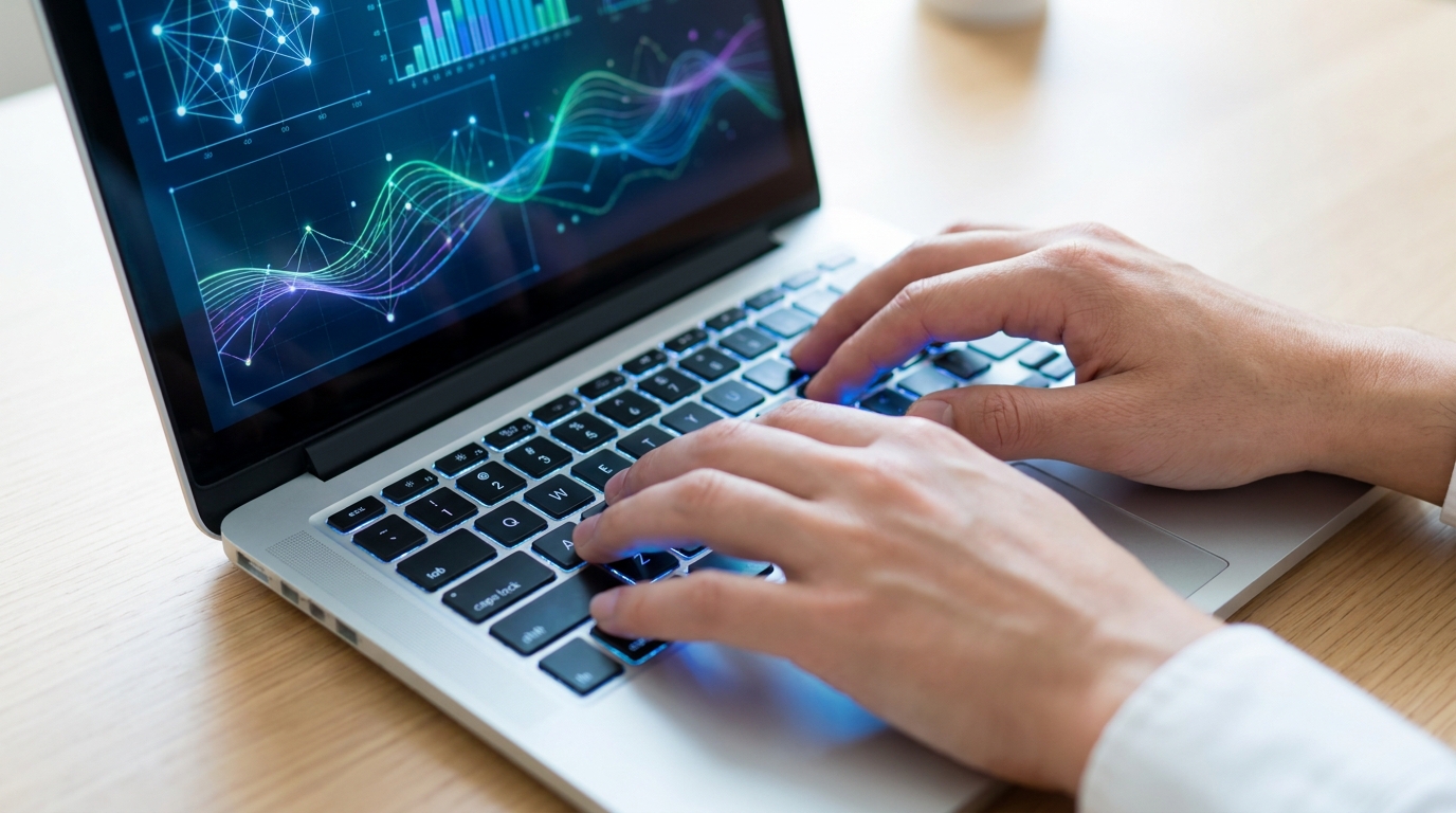 Hands typing on a glowing laptop keyboard, symbolizing user interaction with private AI agents on-device.