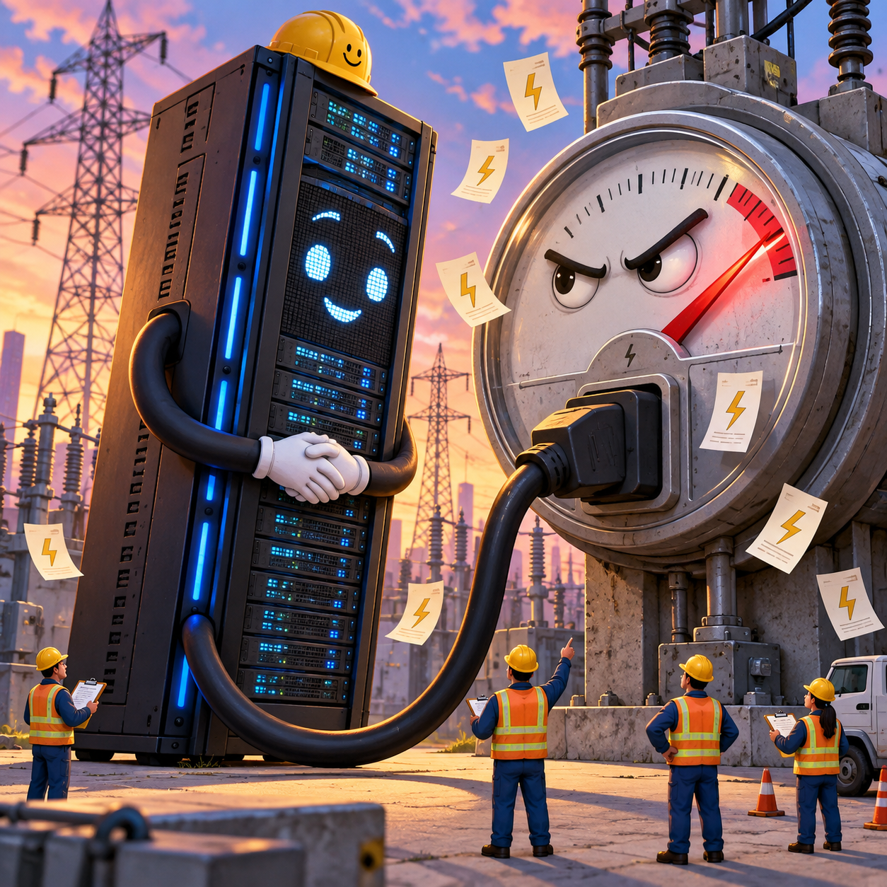 Illustration of an AI server negotiating with a power meter