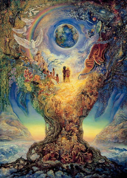 Adam and Eve stand in the crook of the tree of creation, staring up at the Earth and rainbows and doves and lovely things