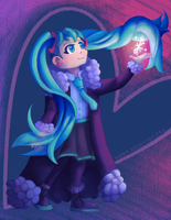 a woman with teal eyes and long teal hair holds up a glowing snowflake.
