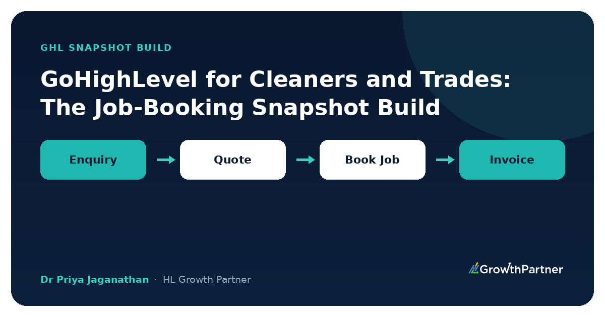 GoHighLevel for Cleaners and Trades Job-Booking Snapshot Build — HL Growth Partner, Dr Priya Jaganathan