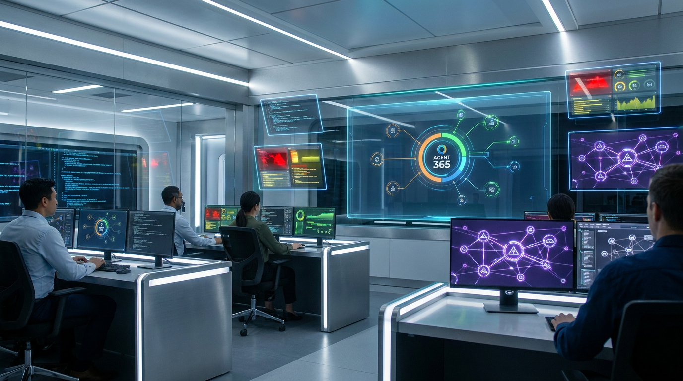 Holographic display showing a unified Microsoft Agent 365 dashboard managing a fleet of interconnected AI agents, representing AI governance