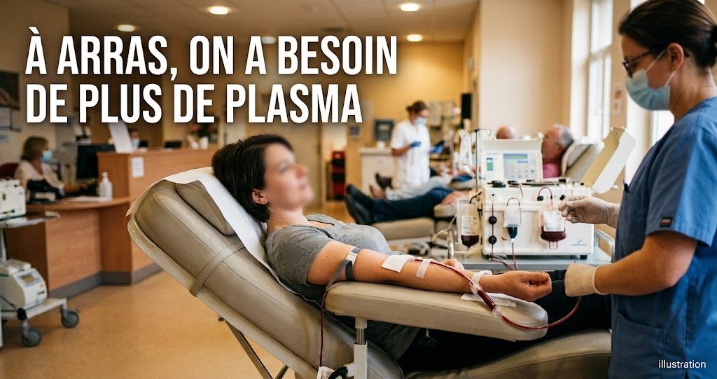 Une patiente est allongée pendant une donation de sang, une soignante en bleu manipule les tubes contenant le sang.