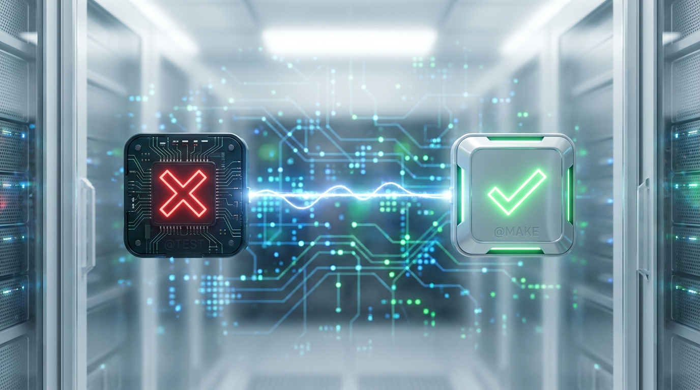 AI agents collaborating with Test-Driven Development, showing a test agent failing and a make agent succeeding.