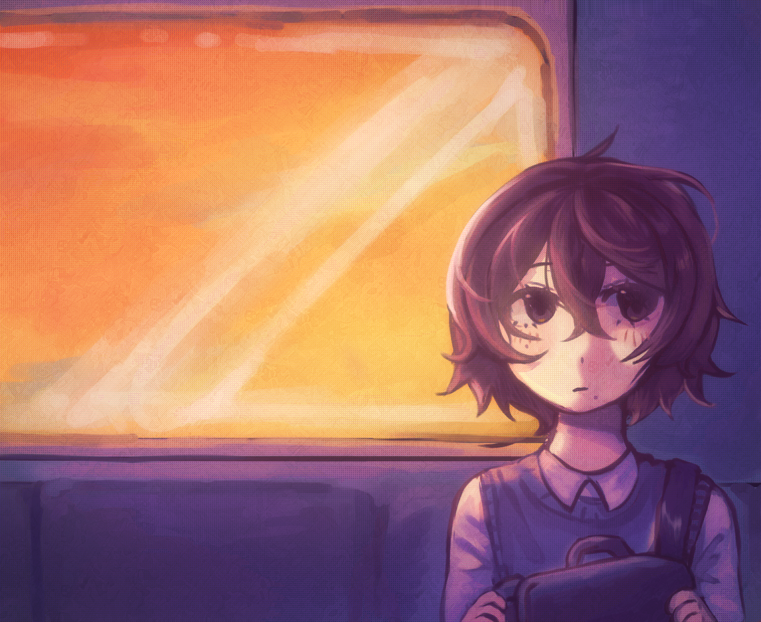 may 2, my oc, emiko sitting on a train during sunset