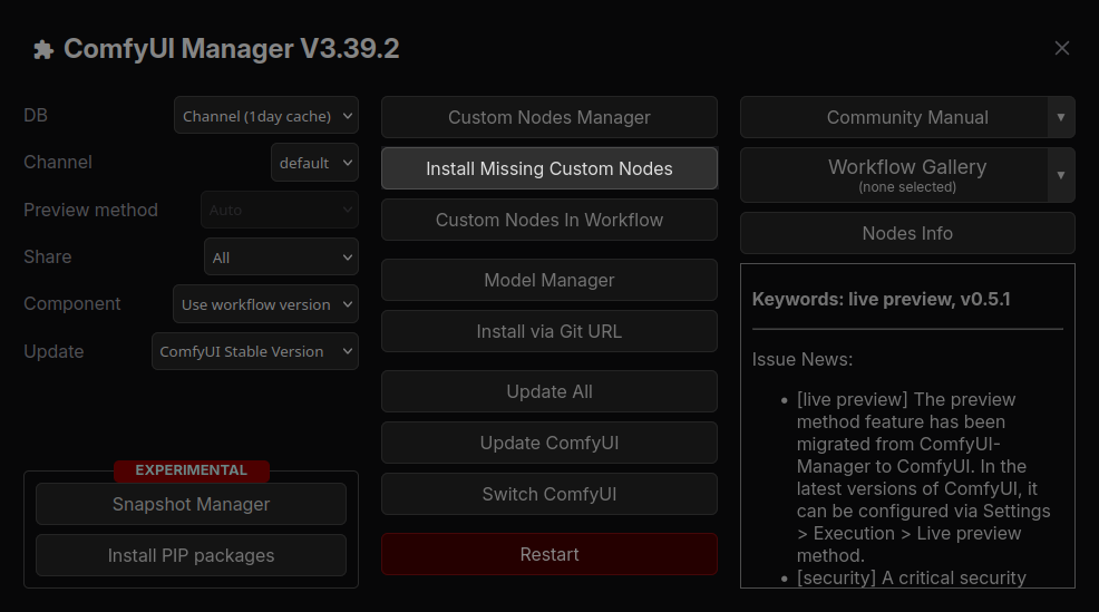 Image of ComfyUI Manager Overview Screen