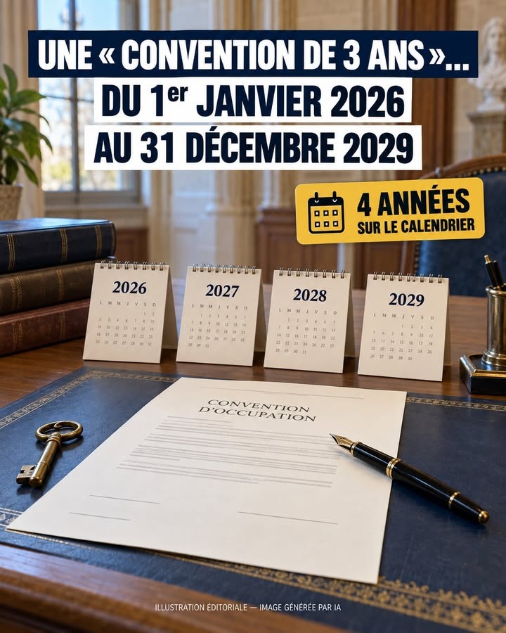 Bureau avec document, plume, clé et calendriers 2026 à 2029.