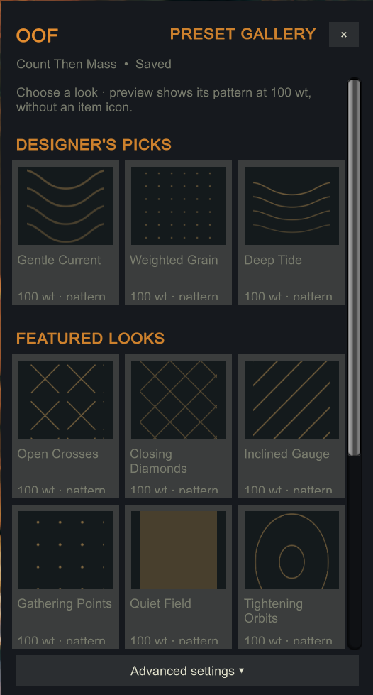 Oof preset gallery with Designer's picks, Featured looks and Advanced settings.