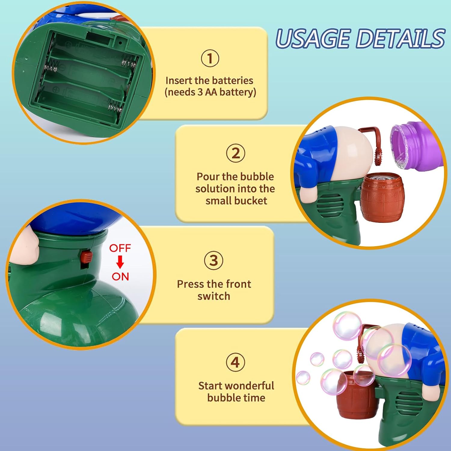 Reference model setup instructions: three AA batteries, bubble solution in barrel, power switch, bubble operation