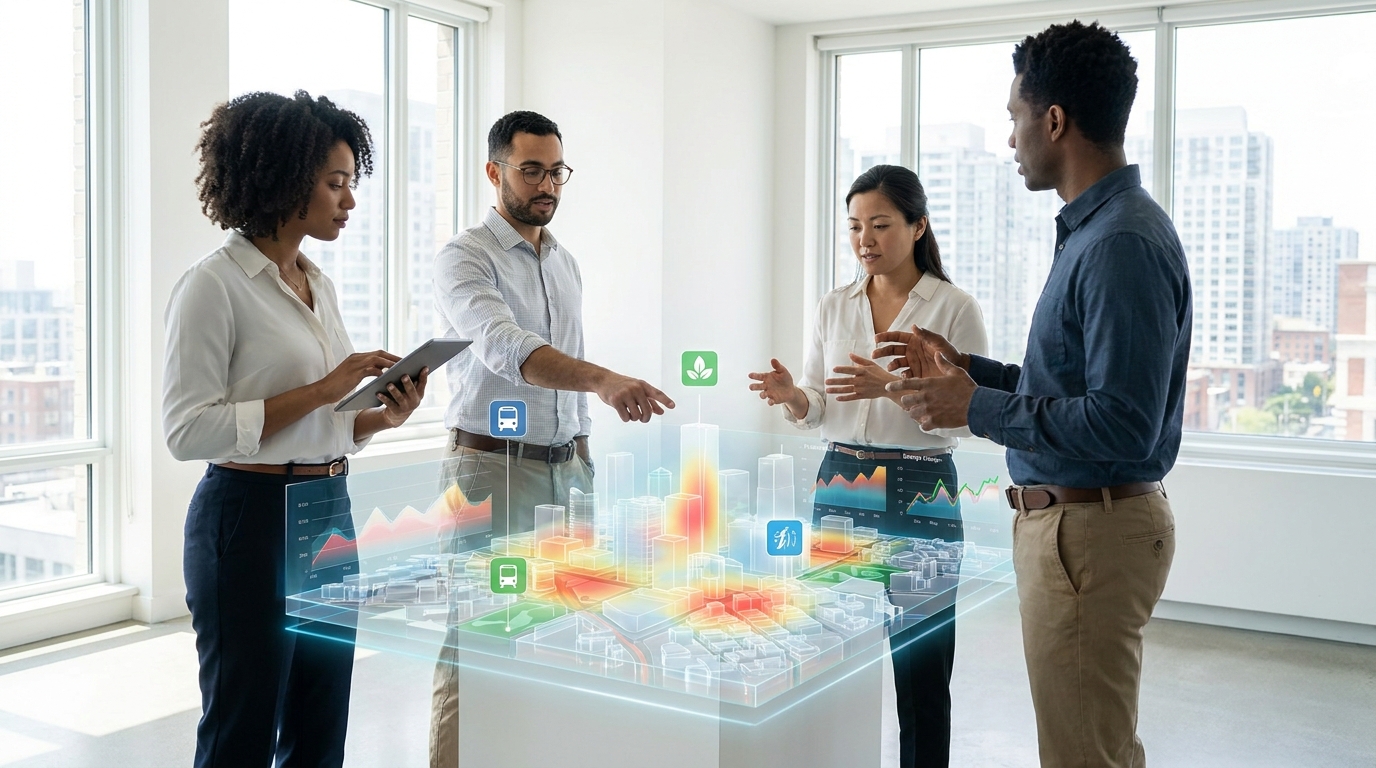 Developers and professionals using Google AI tools to visualize urban planning, environmental monitoring, and business insights for societal impact.