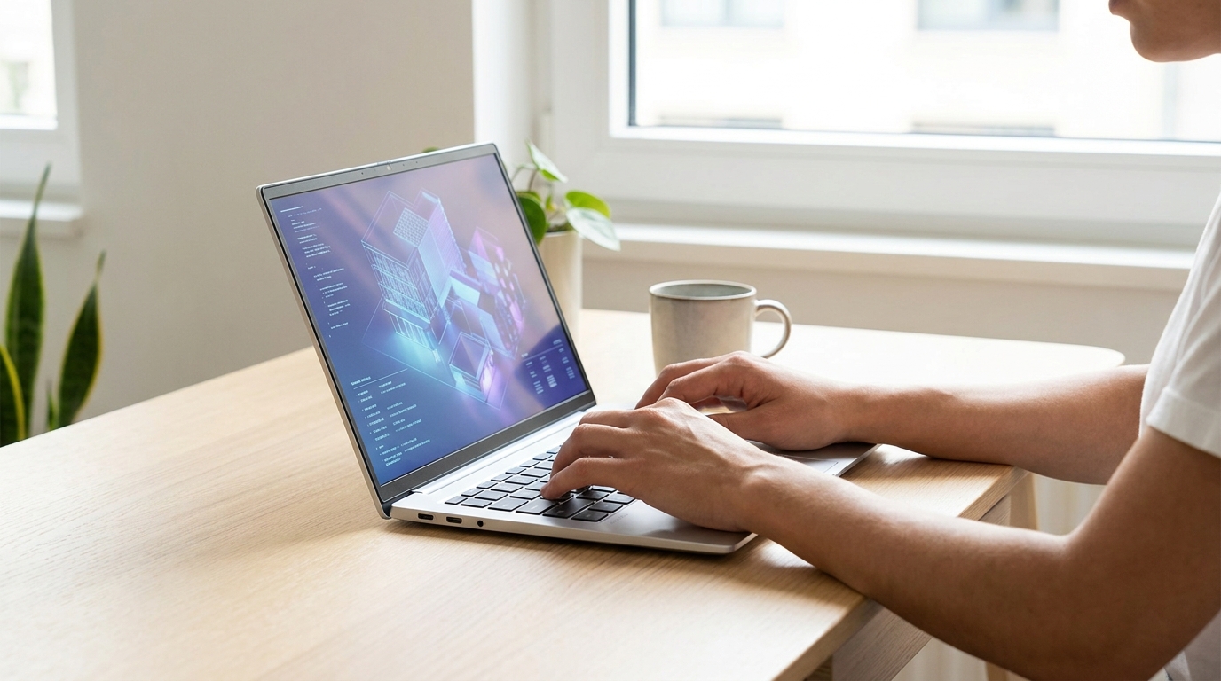 A person working on a modern laptop, showcasing how Windows 11 26H2 impacts creative and business workflows.