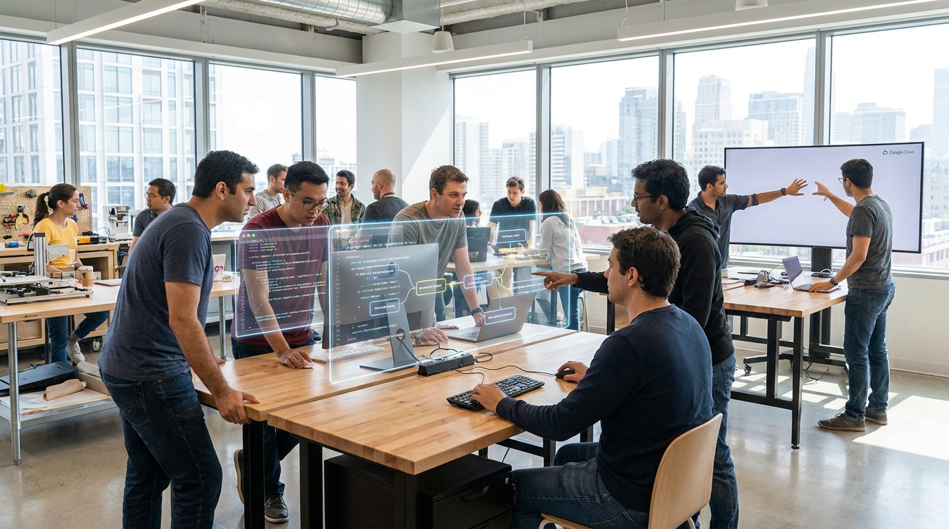 Developers collaborating in a Google DevFest 2026 workshop, building and deploying agentic AI applications with new tools.