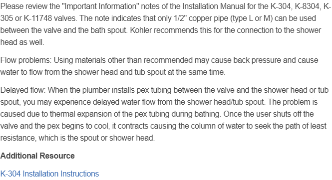 특정 Kohler 밸브와 PEX 연결 배관의 냉각·수축 조건을 설명하는 공식 원문