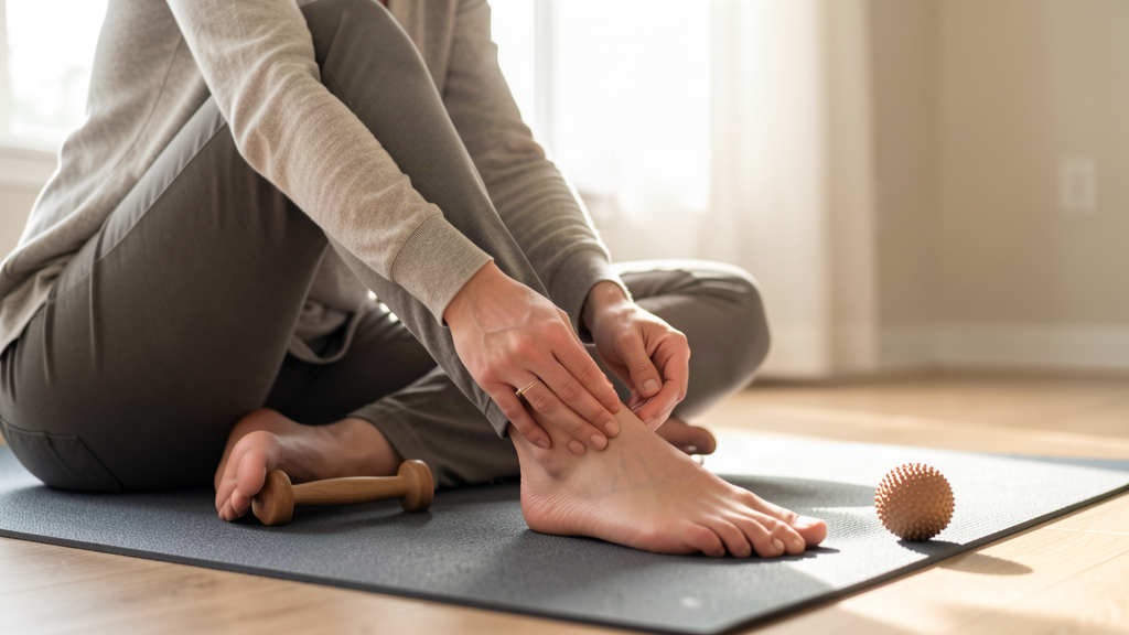 self foot massage techniques with hands, roller and massage tools for tired aching feet
