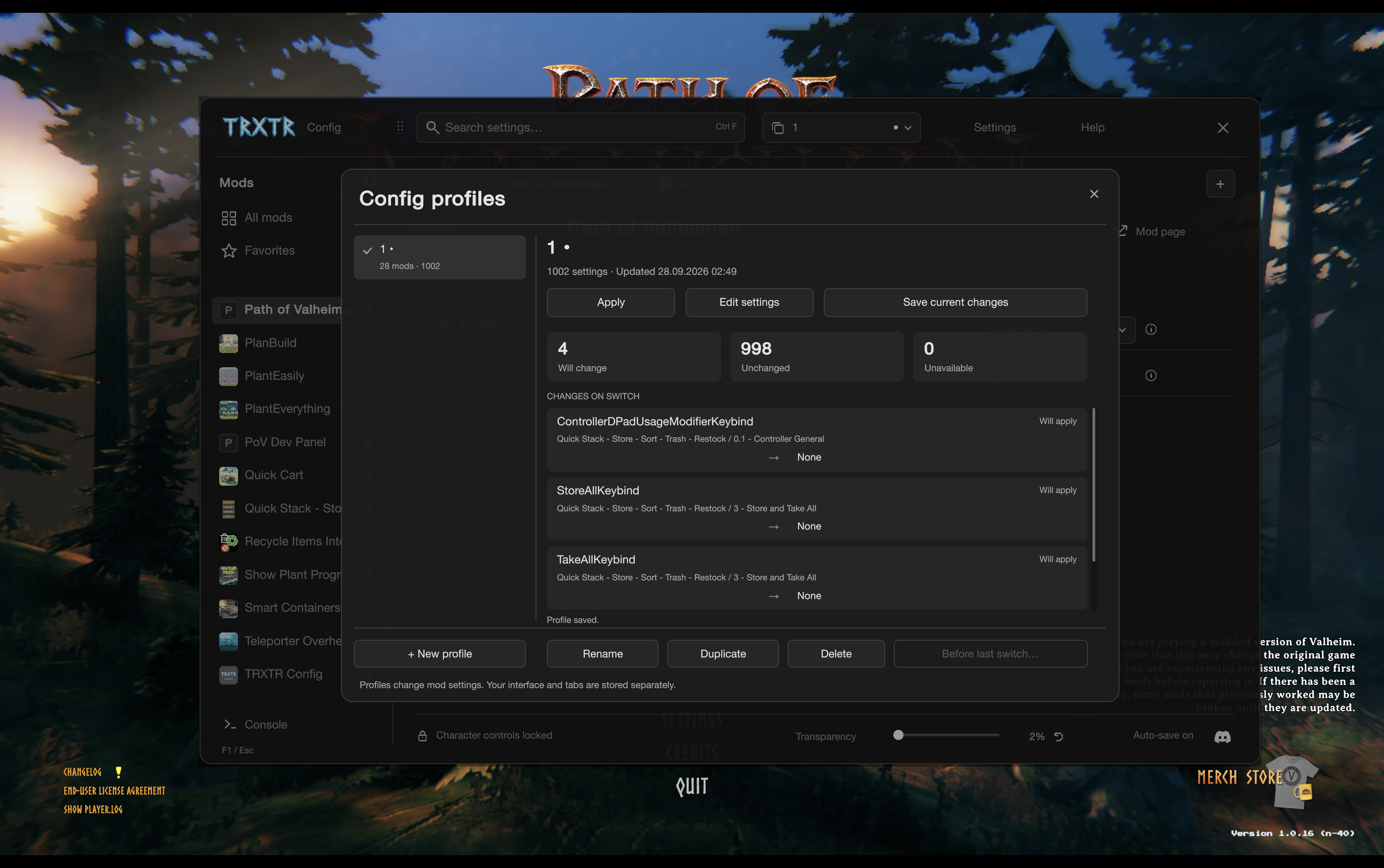 Hugin's Desk profiles: saved setups, change preview and profile management