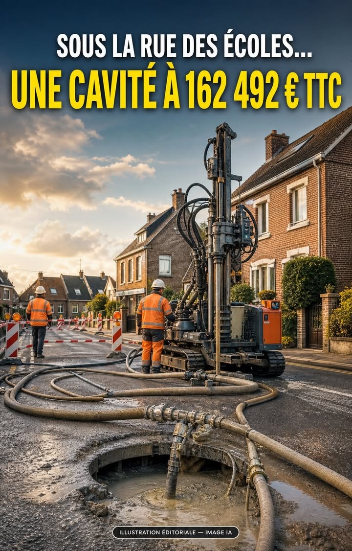 Deux ouvriers en gilets orange opèrent une machine de forage sur une rue pavée, avec des tuyaux et un trou creusé dans l'asphalte.