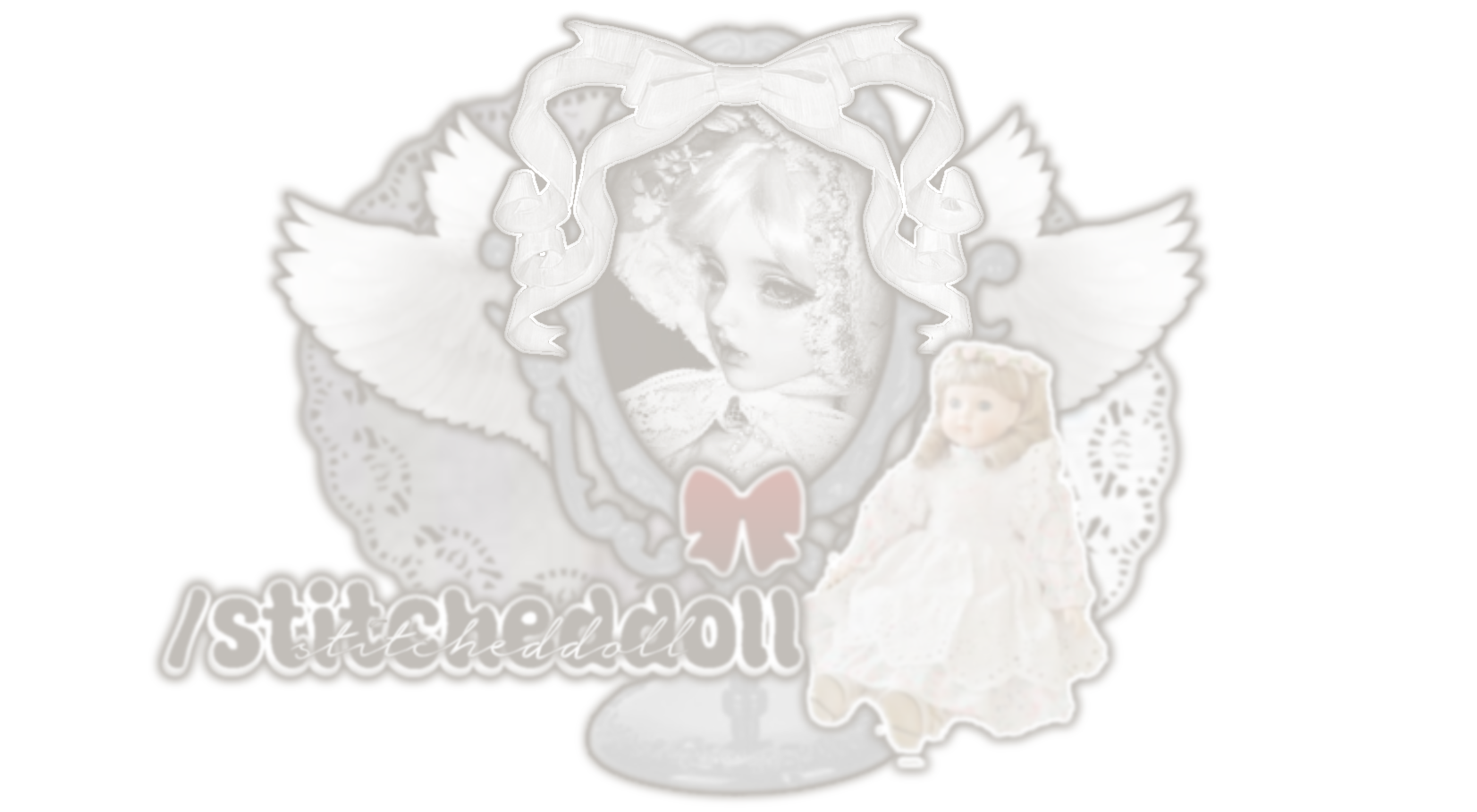 a grey-ish type of white graphic with ribbons and a text in the font "Super Ocean" & "Nature (calligraphy)" implies: "/stitcheddoll"