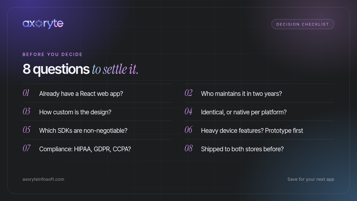Checklist of 8 questions to decide between Flutter and React Native for a startup app