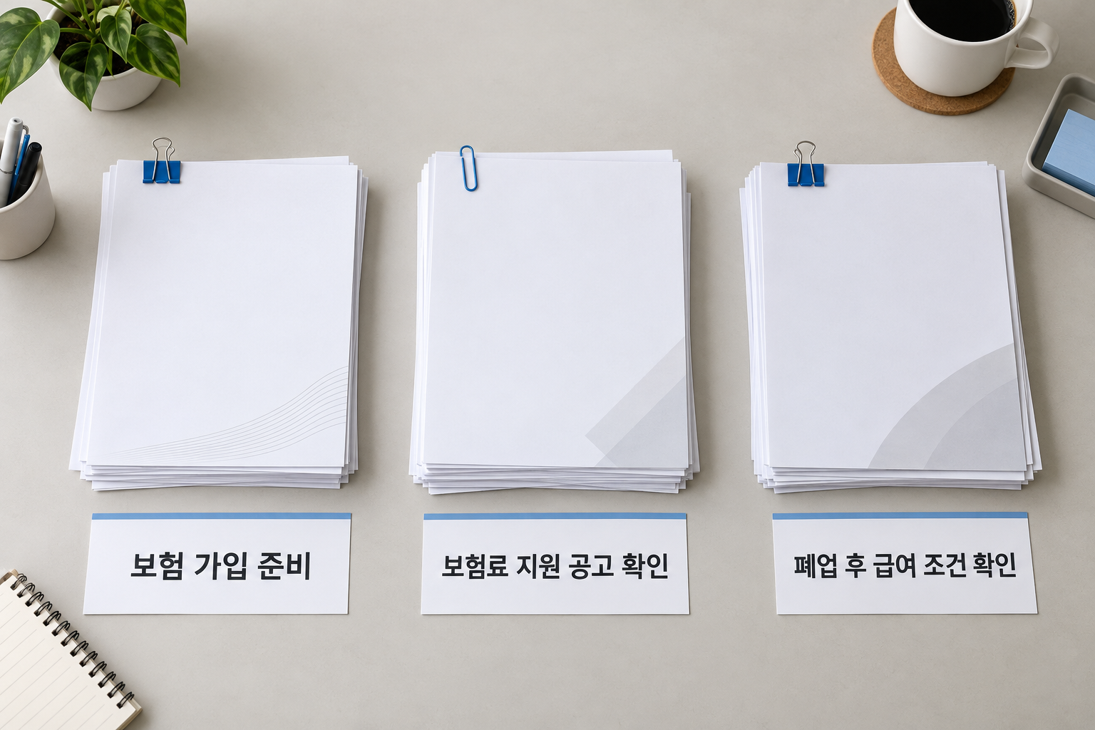 고용보험 가입, 보험료 지원, 폐업 후 실업급여를 별도 판단으로 구분한 설명 장면