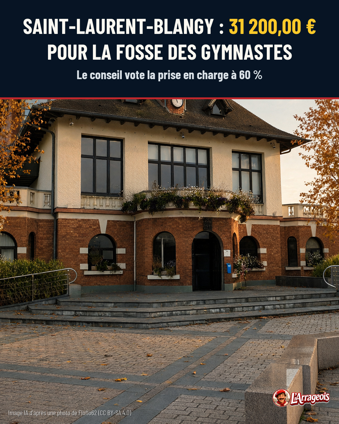 Bâtiment en brique et pierre avec des fenêtres noires, des fleurs sur la terrasse et des arbres aux feuilles d'automne.