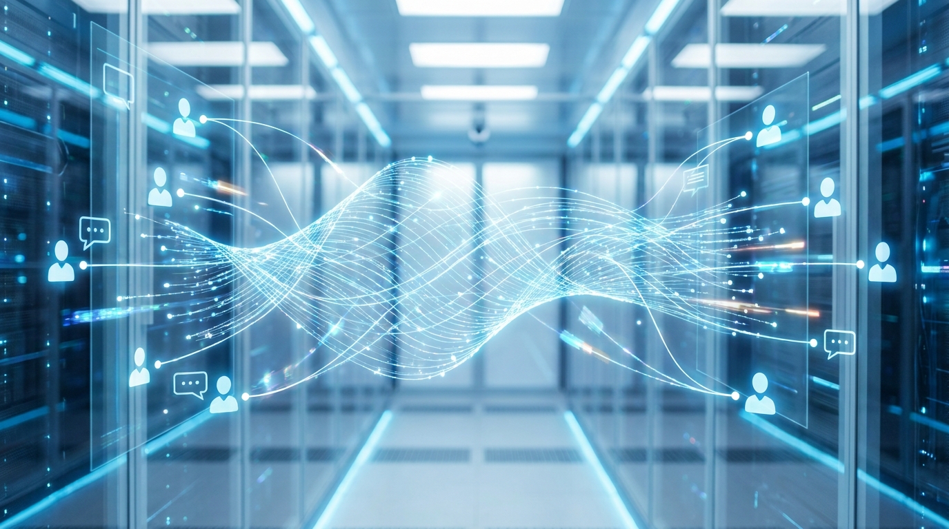 OpenAI Presence AI agent seamlessly managing multiple real-time customer interactions, representing efficient enterprise AI.