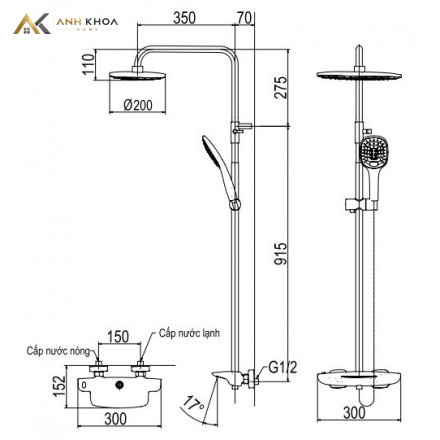 bản vẽ kỹ thuật Sen tắm cây Viglacera Platinum P.58.326