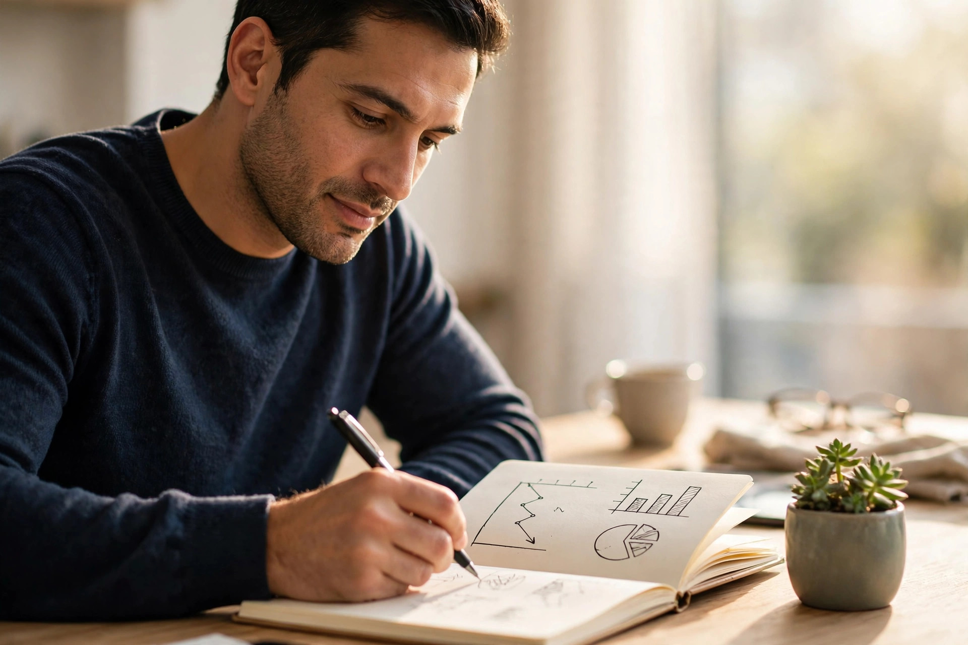 Confident person journaling wealth goals with money mindset notebook