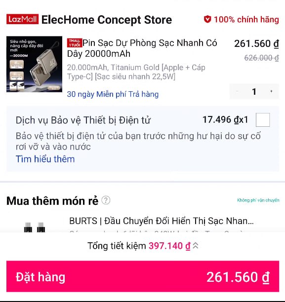 Pin Sạc Dự Phòng Sạc Nhanh Có Dây 20000mAh
