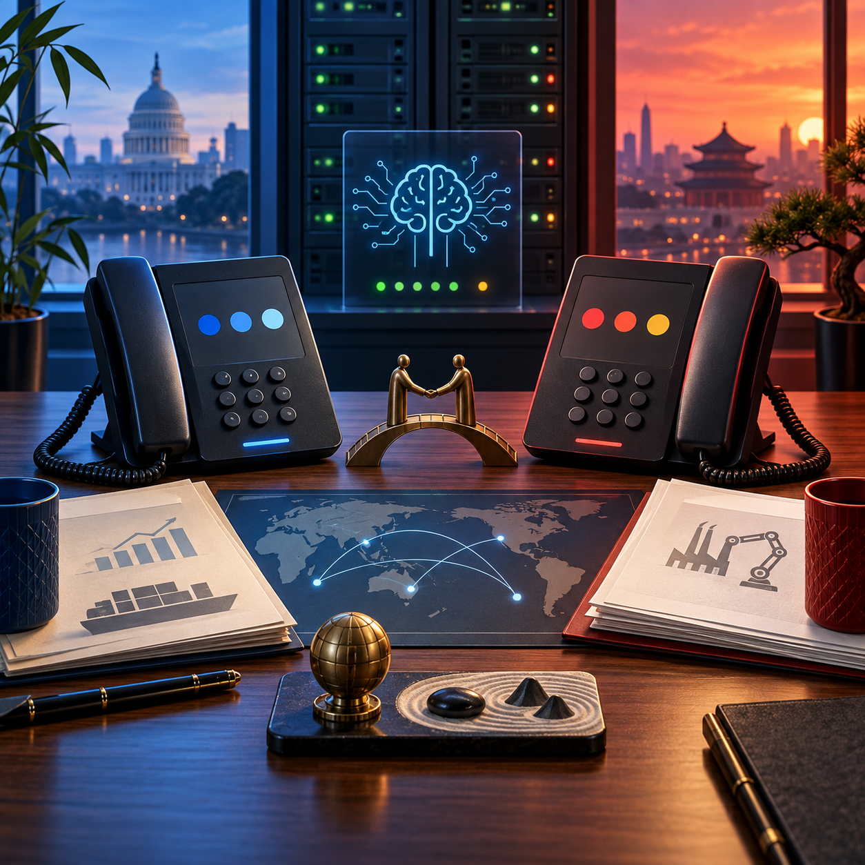 Editorial illustration: AI incident-alert hotline desk