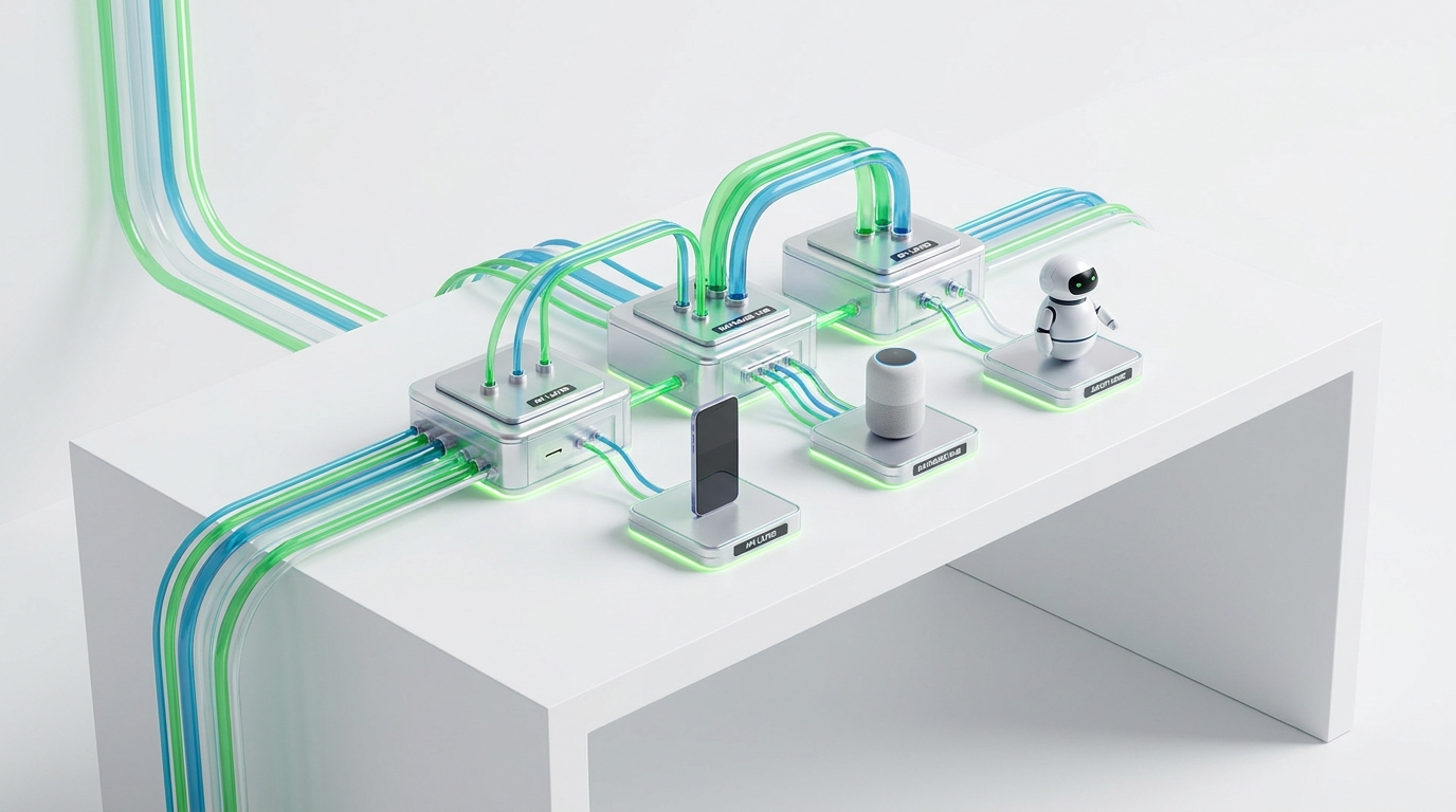 Abstract representation of data flow through APIs and databases for AI interaction, crucial for AI SEO