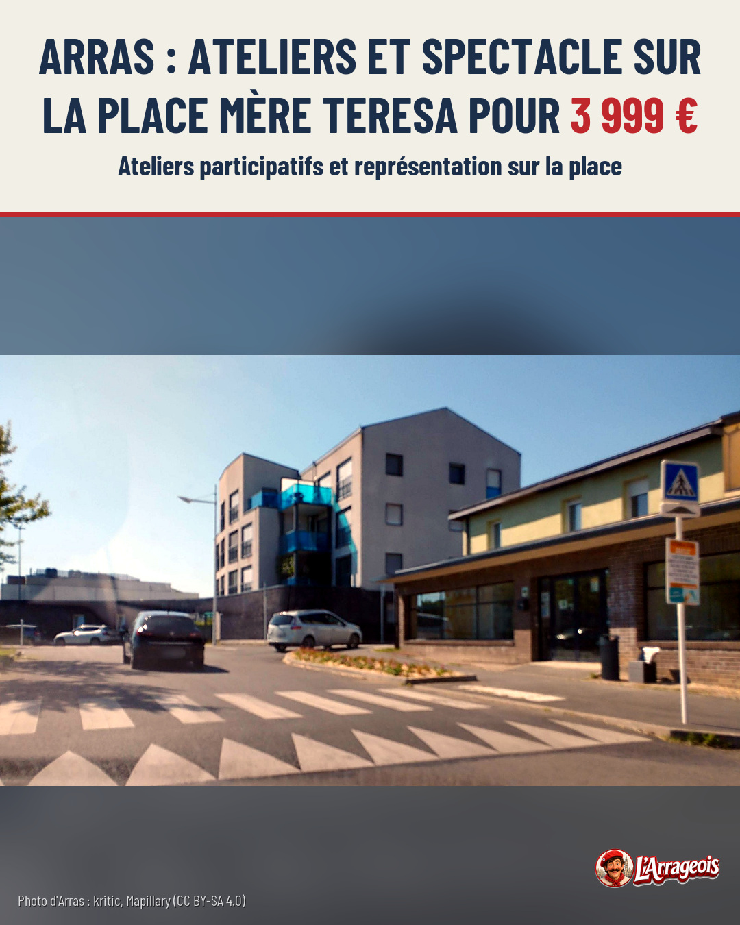 Vue d'une place urbaine avec un immeuble beige, un bâtiment bas à droite, des voitures et un passage piéton.