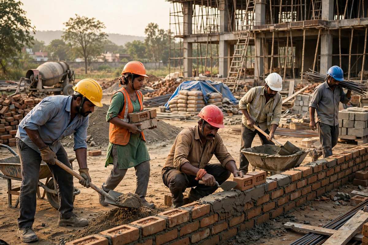 भारत में एक निर्माण स्थल पर काम करते हेलमेट पहने श्रमिक