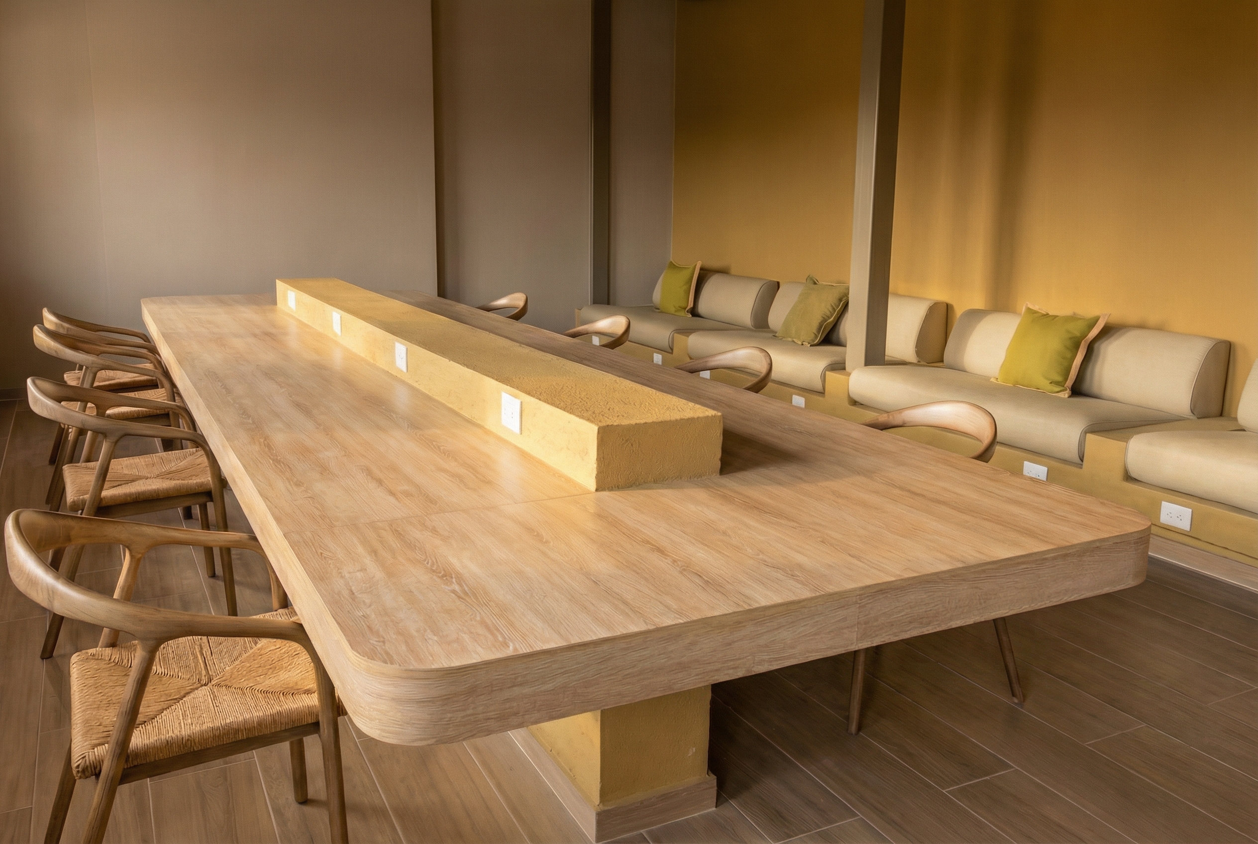 Espacio de coworking con mesa de madera larga