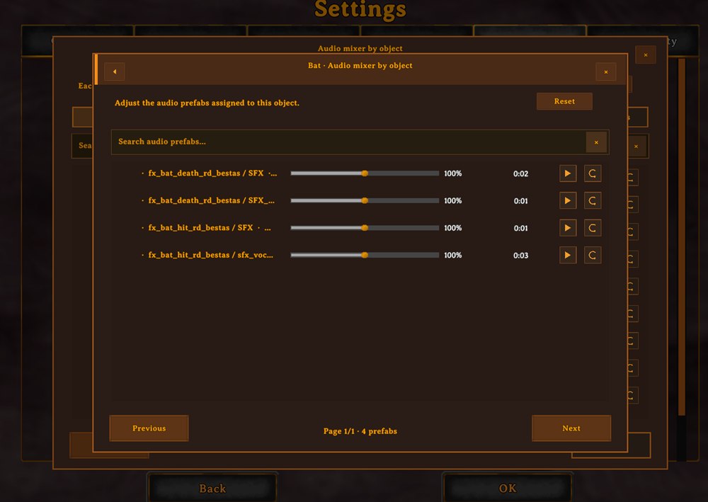 Audio prefabs assigned to an object, with individual volume and playback controls