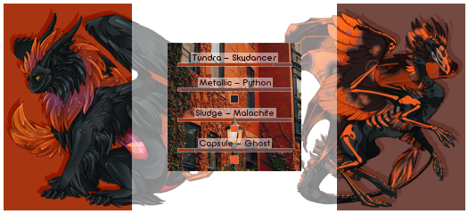 A black/orange Tundra is on the left, with a black/orange Skydancer on the right, encased in rust orange and pale brown boxes respectively. In the middle are text and colours overlayed over an ivy-covered brick building; this text follows in plaintext after the lyrics below this image.