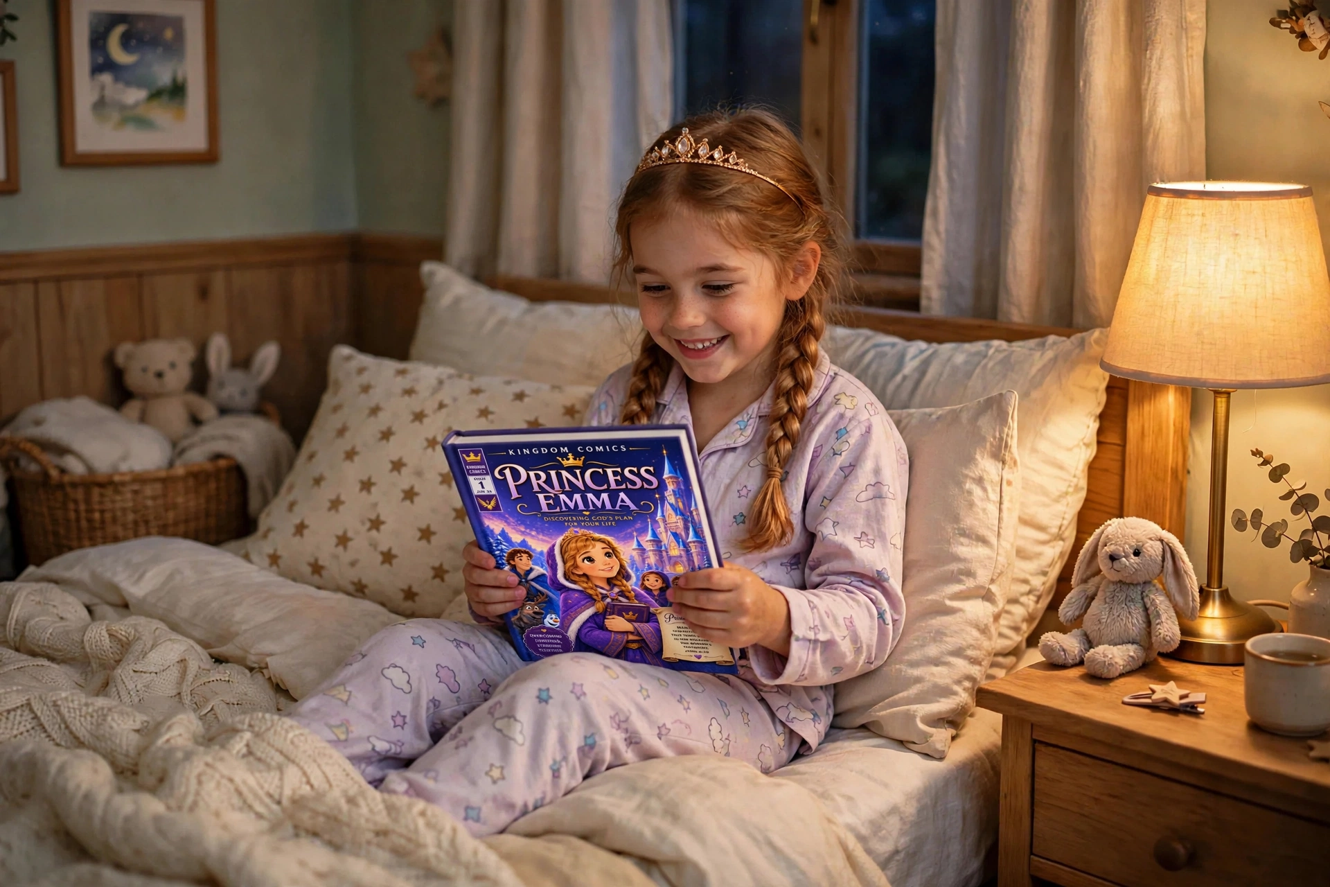 Young girl delighted by a colorful illustrated book at bedtime