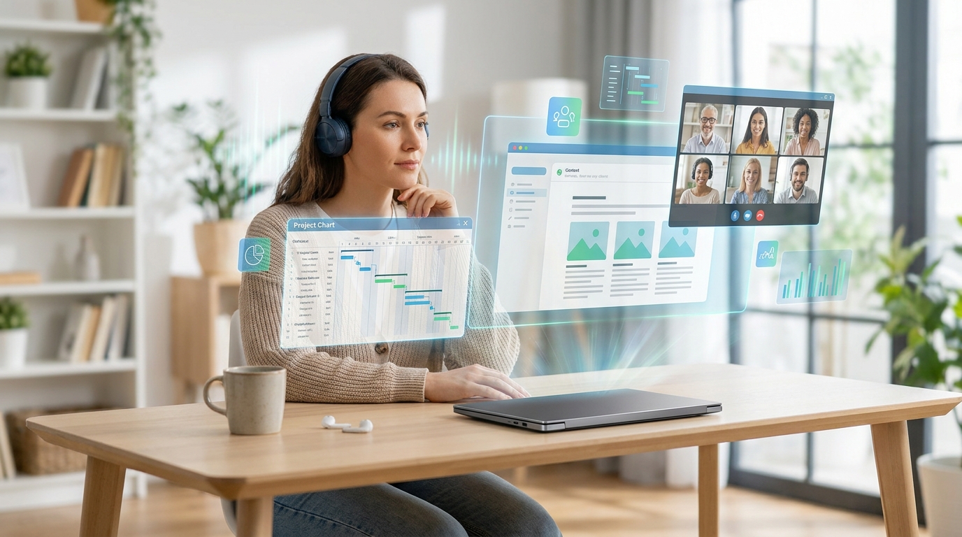 A freelancer efficiently managing tasks with holographic AI interfaces, showcasing how freelancers embrace AI for enhanced productivity.