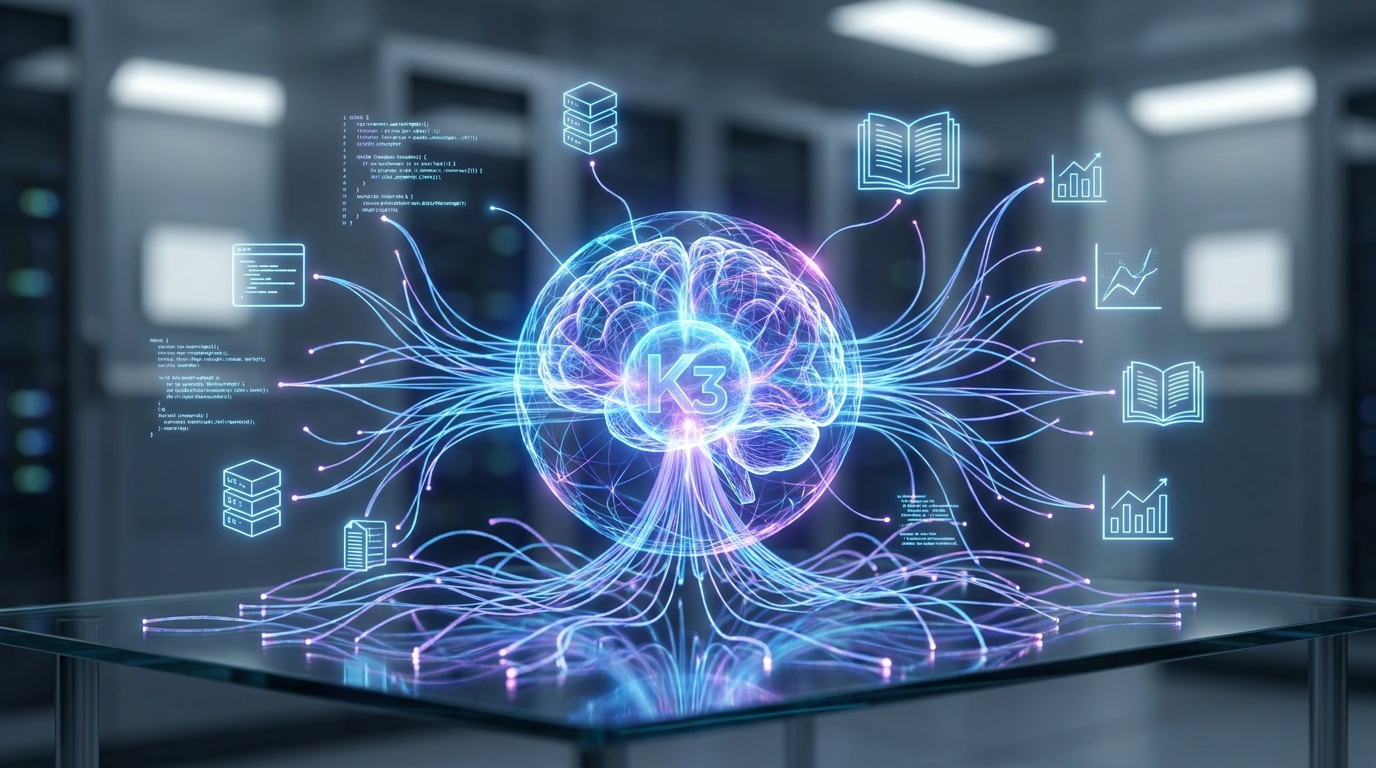 Conceptual image of Kimi K3's AI brain, showing interconnected data, code, and research documents radiating from a central glowing K3 node.