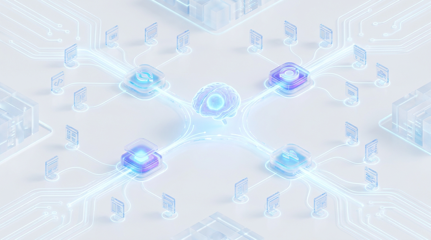 Diagram showing interconnected AI platforms and data streams, illustrating Relevance Engineering in AI SEO 2026