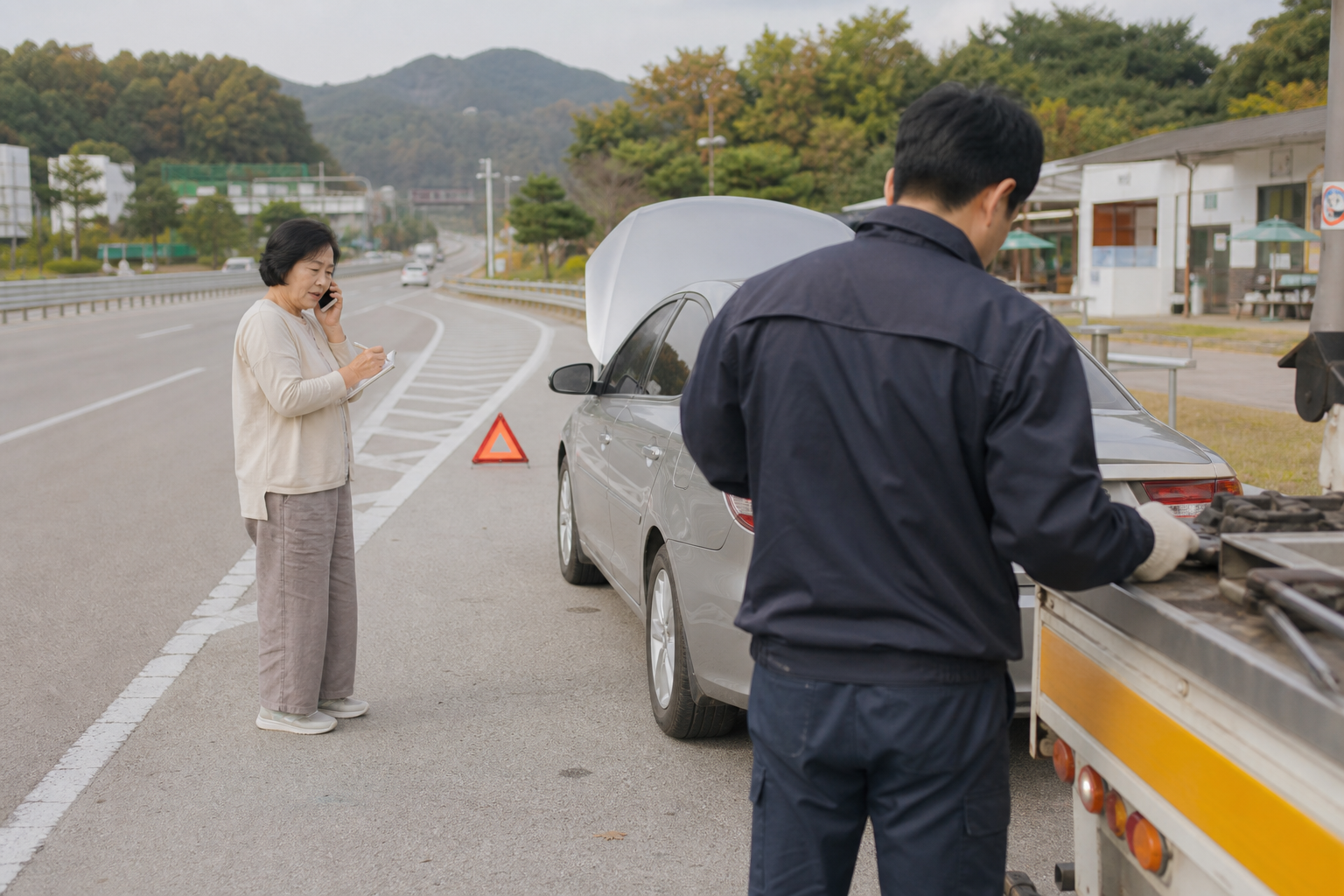 중고차를 수리하기 전 보험사에 고장을 통지하는 장면