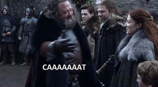 A scene from "Game of Thrones", where Robert Baratheon greets Catelyn Stark with a friendly hug while saying "Caaaaaaat"