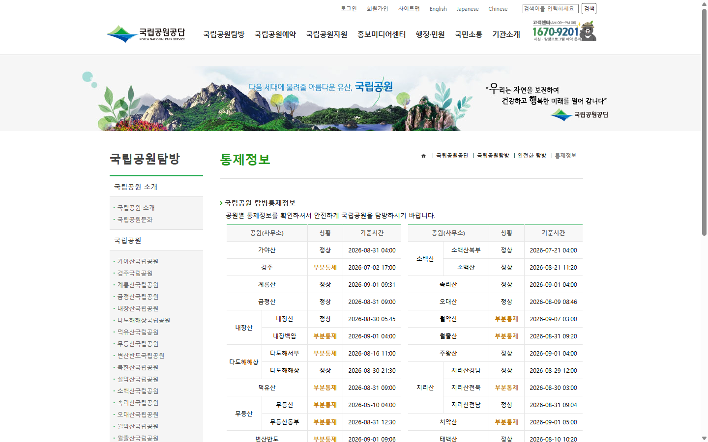 공원별 통제 상황과 기준시간 및 세부내용 확인 안내