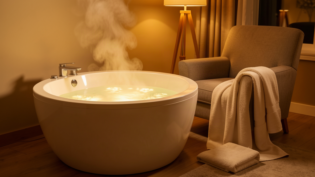 luxury heated foot bath basin with steam and towels beside a comfortable chair